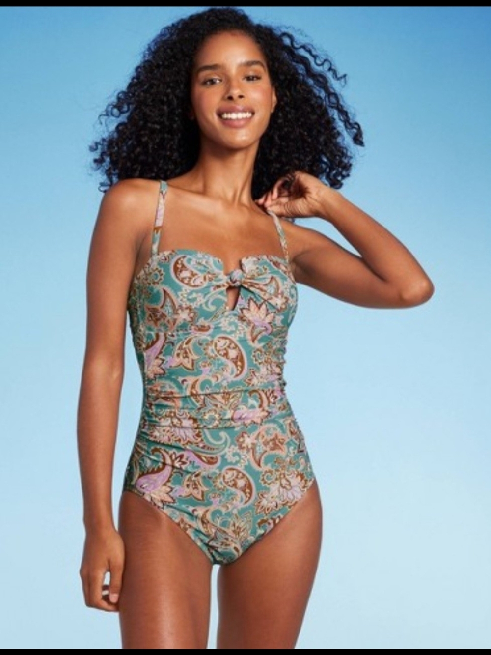 Shade & Shore Turquoise Paisley One-Piece with Knot Front